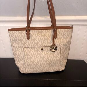 Michael Kors Jet Set Tote Bag MK Logo Canvas Beige Brown Shoulder Purse